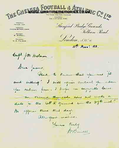 Letter to Captain JW Heslam from Chelsea FC Manager  Walter Birrell asking Captain  JW Heslam if he is free to play for Chelsea against QPR